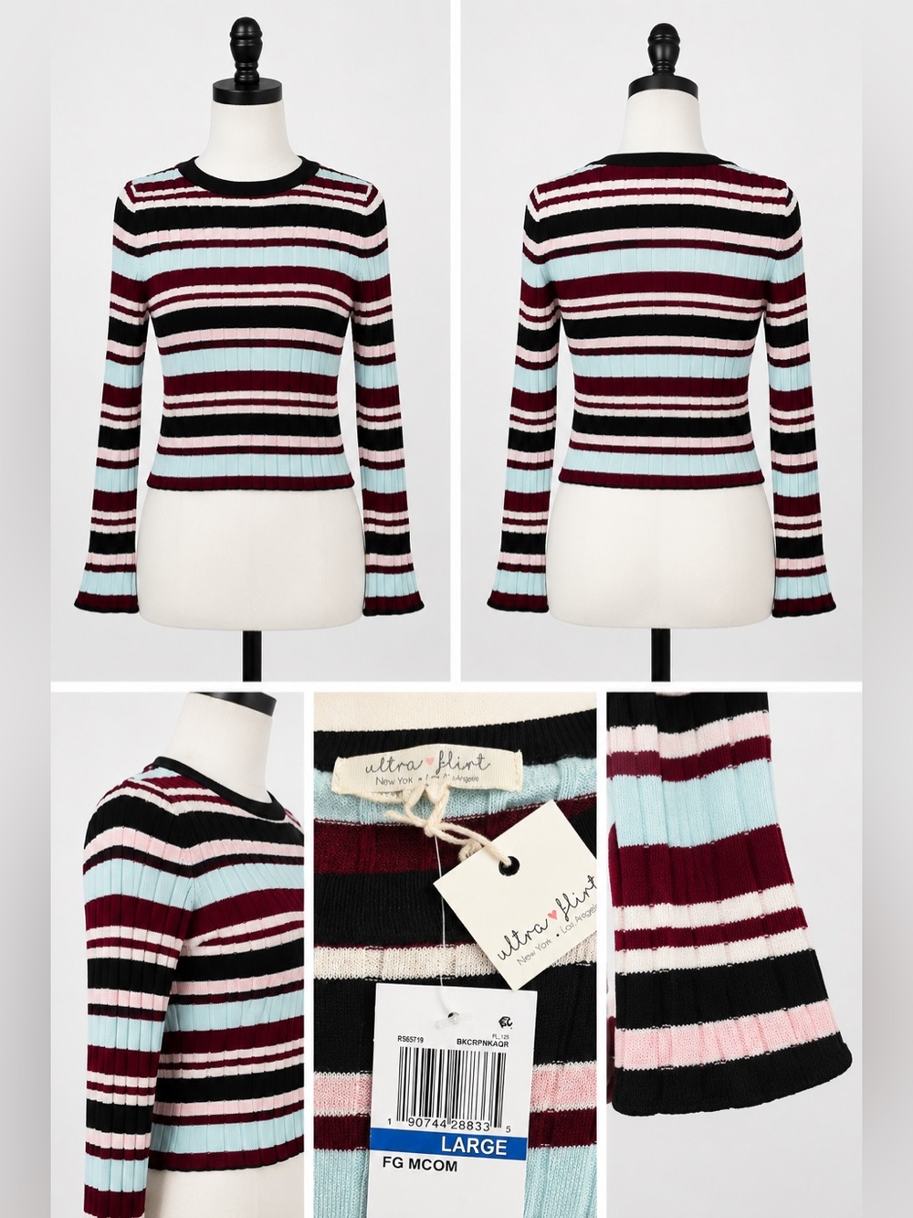Ultra Flirt Striped Rib-Knit Crew Sweater in Burgundy, Black & Light Blue